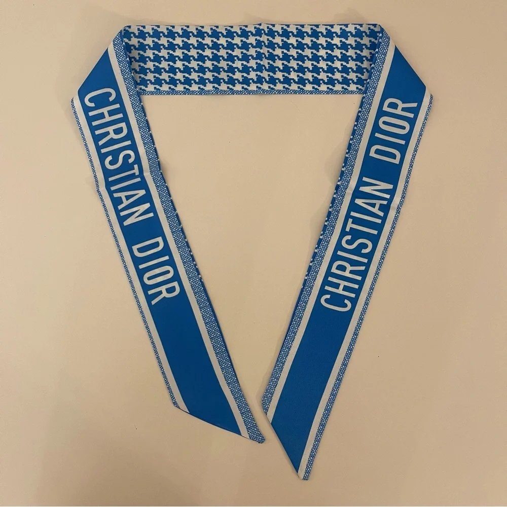 *D*I*O*R* Blue White Houndstooth Pattern Print Twilly Bandeau Wrap Scarf